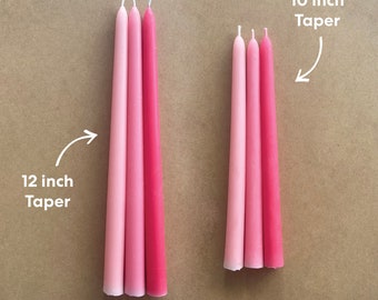 100% Pure Beeswax Pink Ombre Taper Candles - Natural Dye. 12 Inch / 10 inch Long. 3-packs / 6-packs