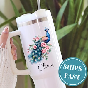 Personalized Peacock 40oz Tumbler With Handle Peacock Travel Mug Gift For Peacock Lover Gift Peacock Cup Custom Name Peacock Lover Mug