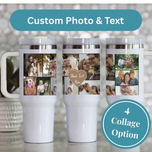 May include: White travel mugs with a collage of photos. Each mug has a handle and a silver rim. The text "Custom Photo & Text" is above the mugs, and a circle with "4 Collage Option" is below.
