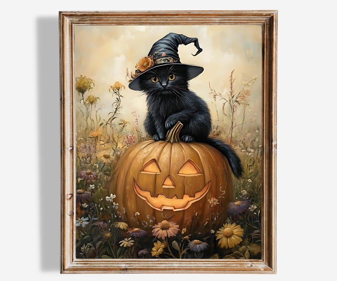Cute Black Cat Halloween Wall Art cat With Witch Hat on Jack-o'lantern ...