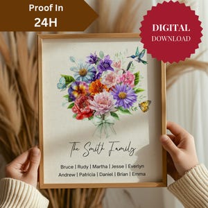 Custom Birth Flower Family Bouquet,Personalized gift for her,Grandma&#39;s garden,Proof in 24 Hours,Birth month flower art,Mother&#39;s day gift