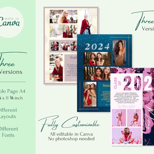 Editable Senior Yearbook Ad Template Customizable High School Yearbook Full Page Personalization in Canva Template Seniors Dedication Pink