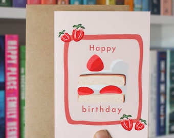 Happy Birthday Cake Card, Birthday Card w/ Envelope Set, Strawberry Shortcake Card