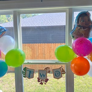 May include: A colourful display of balloons in shades of pink, blue, green, orange, white, and yellow. Two foil balloons depict a cartoon character. A banner spells "TWO" with tropical designs, ideal for a birthday party.