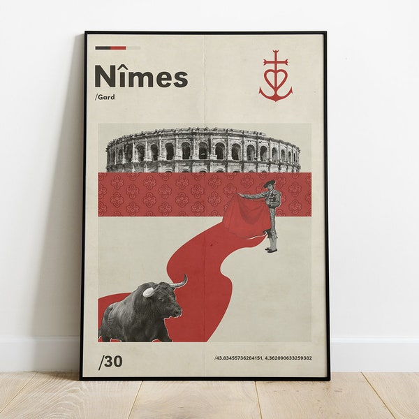 Affiche Arène De NIMES Minimaliste Taureaux Croix Camarguaise Sud De La France Décoration Design Création Unique