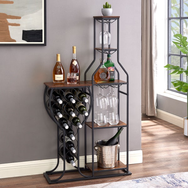 11 Bottle Wine Bakers Rack, 5 Tier Freestanding Wine Rack with Hanging Wine Glass Holder and Storage Shelves, Wine Storage Home Bar