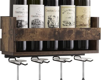 Wall Mounted Wine Rack with Wine Glass Holder - Rustic Floating Wooden Wine Holder - Industrial Wall Mounted Bar Racks