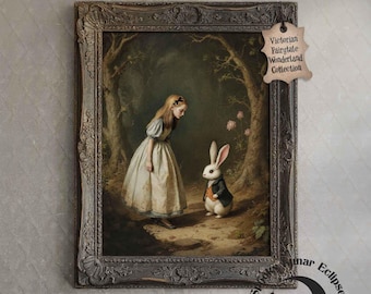 Alice in Wonderland with White Rabbit Print Art Antique Fairytale Paint Tea Party Wall Decor Dark Academia Poster Fantasy Wonderland Artwork