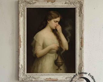 Funny Victorian Lady Holding Nose and Spreads Incense Art Print Ironic Bathroom Oil Painting Toilet Humor Poster Vintage Cottagecore Artwork