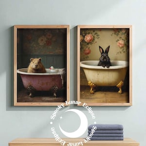 Süßer Hase Art Print für Badezimmer, Tiere in der Badewanne, Wanddeko, Kindertoilette, Cottagecore, Kaninchen Poster, Forestcore Tierbild, Bild 3
