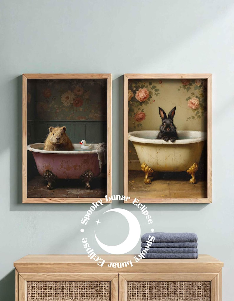Süßer Hase Art Print für Badezimmer, Tiere in der Badewanne, Wanddeko, Kindertoilette, Cottagecore, Kaninchen Poster, Forestcore Tierbild, Bild 3