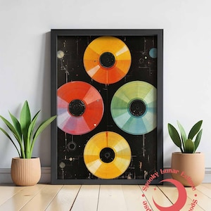 Stampa artistica di dischi in vinile arcobaleno, poster di studio musicale, decorazione da parete contemporanea, vernice industriale moderna, stampa DJ, arte eclettica, amante della musica retrò