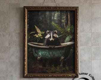 Waschbär in der Badewanne Kunstdruck, Vintage Dark Academia Kunst für Badezimmer, Tiere in der Badewanne Poster, Forestcore Malerei, viktorianisches Toilettendekor