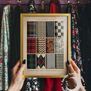 May include: A framed "Textile Style Guide - Est. 1891" print featuring various fabric swatches. The swatches showcase diverse patterns, including plaid, herringbone, and floral designs. The frame is gold-colored.