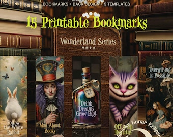 Set di 15 segnalibri stampabili di Alice nel Paese delle Meraviglie, accessori per la lettura Dark Academia, kit creativo a tema fiabesco, decorazioni per il tea party, regalo per gli amanti dei libri.