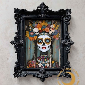 Mexican Catrina Art Print Folk Ethnic Painting Goth Calavera Wall Art Boho Eclectic Poster Woman Skull Poster Día de los Muertos Home Decor
