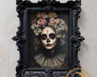 Mexican Calavera Catrina Art Print Skull Woman Painting Dark Academia Print Gothic Home Decor Sugar Skull Poster Mexican Art Dark Portriat