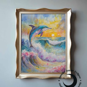 Blauer Delphin Kunstdruck Meereswellen Malerei Paradies Strand Poster Küsten Wandkunst Ozean Tier Kunst Urlaub Hausdekoration Meer Sonnenuntergang Druck