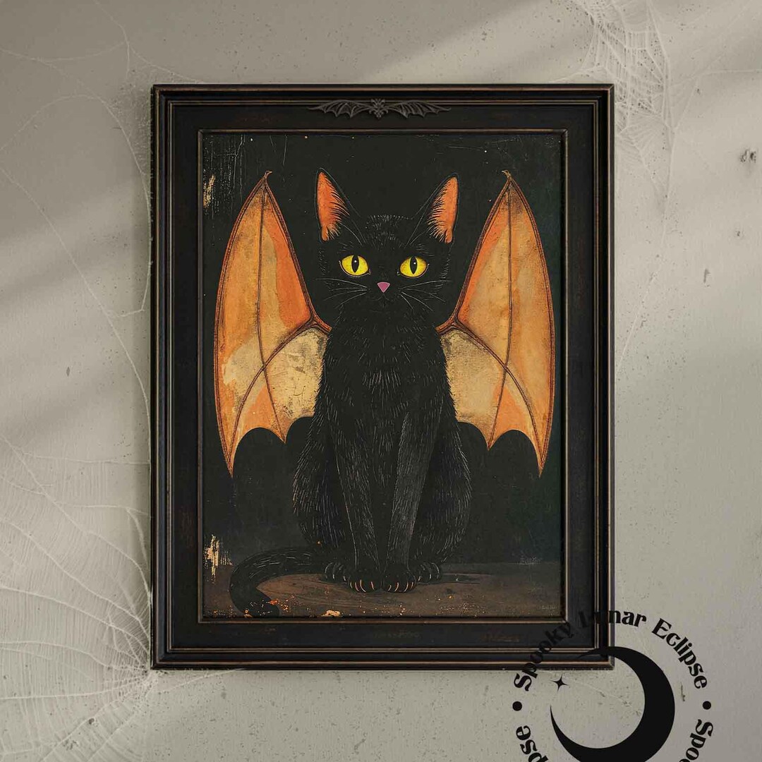 Black Cat With Bat Wings Art Print Halloween Painting Gothic Witch Home ...