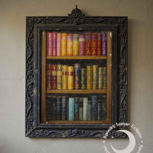 May include: A framed artwork depicting a bookshelf filled with colorful books. The books have various spine colors, including red, yellow, and blue. The frame is dark with ornate detailing. The artwork has a vintage, antique aesthetic.