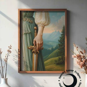 Brave Woman with Sword Art Print, Gothic Renaissance Oil Paint, Feminism Wall Decor, Medieval Fantasy Poster, Royal Art, Fairy Tale Princess