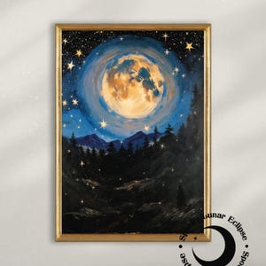 Sternenklare Nacht Druck Kunst Himmlische Mondlicht Wand Dekor Gothic Witchy Ölfarbe Magischer Wald Poster Mond Kunst Dark Academia Nachthimmel Kunstwerk