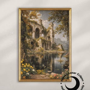Ruínas místicas à beira do lago, arte impressa, paisagem de fadas, pintura, pôster de mansão antiga, academia escura, arte etérea e elegante, impressão de mundo mágico