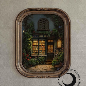 Fairytale Vintage Book Shop printkunst, Reading Nook wanddecor, bibliotheek schilderij, boekenwurm boeken liefhebbers cadeau, studeerkamer poster Cottagecore