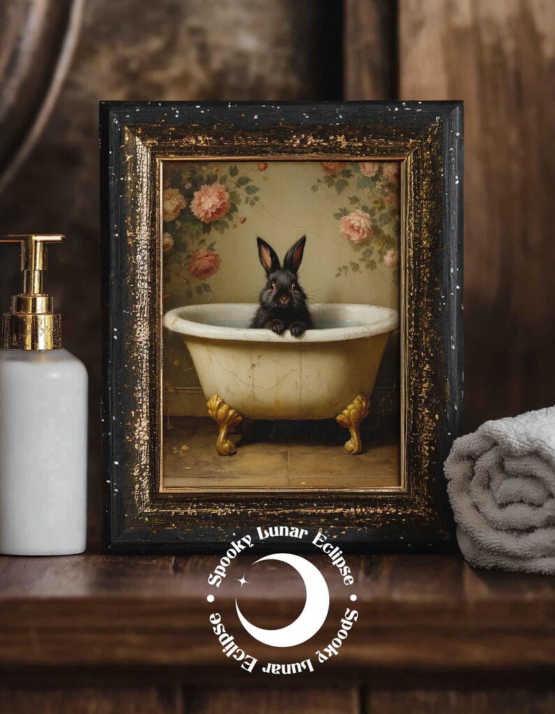 Süßer Hase Art Print für Badezimmer, Tiere in der Badewanne, Wanddeko, Kindertoilette, Cottagecore, Kaninchen Poster, Forestcore Tierbild, Bild 4