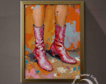 May include: Framed artwork featuring a pair of legs and pink boots. The boots have a textured appearance and a small heel. The background is a mix of orange, blue, and pink paint splatters, creating a vibrant and artistic composition.