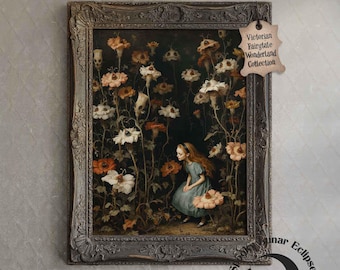 Alice in Wonderland among Evil Flowers Print Art Botanic Dark Academia Poster Gothic Fairytale Paint Tea Party Wall Decor Dark Fantasy Print