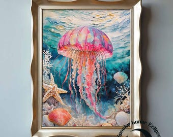 Underwater Pink Jellyfish Art Print Beach House Painting Ocean Wall Art Coastal Decorations Nautical Poster Vacation Print Sea Creatures Art
