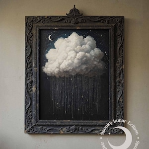Rainy Cloud Art Print Starry Night Sky Painting Dark Academia Moody Wall Art Vintage Gothic Print Cottagecore Home Decor Dark Moon Poster