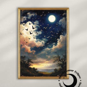 Gothic Himmel mit Vollmond und Fledermäusen Print Art Dark Academia Landschaft Kunstwerk Vintage Malerei Wolken Wanddekoration Sonnenuntergang Poster Vampir