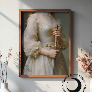Valiant Woman with Sword Art Print Knight Wall Decor Romanticism Poster Gothic Renaissance Painting Antique Fantasy Print Elegant Royal Art