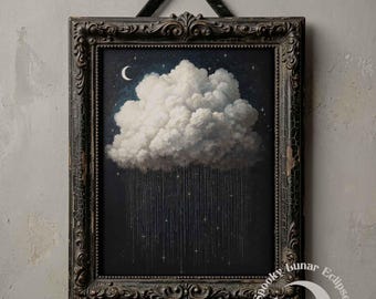 May include: A framed artwork depicts a fluffy white cloud with rain falling against a dark night sky dotted with stars and a crescent moon. The ornate, dark-framed print is suspended by a velvet ribbon.