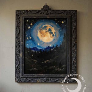 Starry Night Print Art Celestial Moonlight Wall Decor Gothic Witchy Oil Paint Magical Forest Poster Moon Art Dark Academia Night Sky Artwork