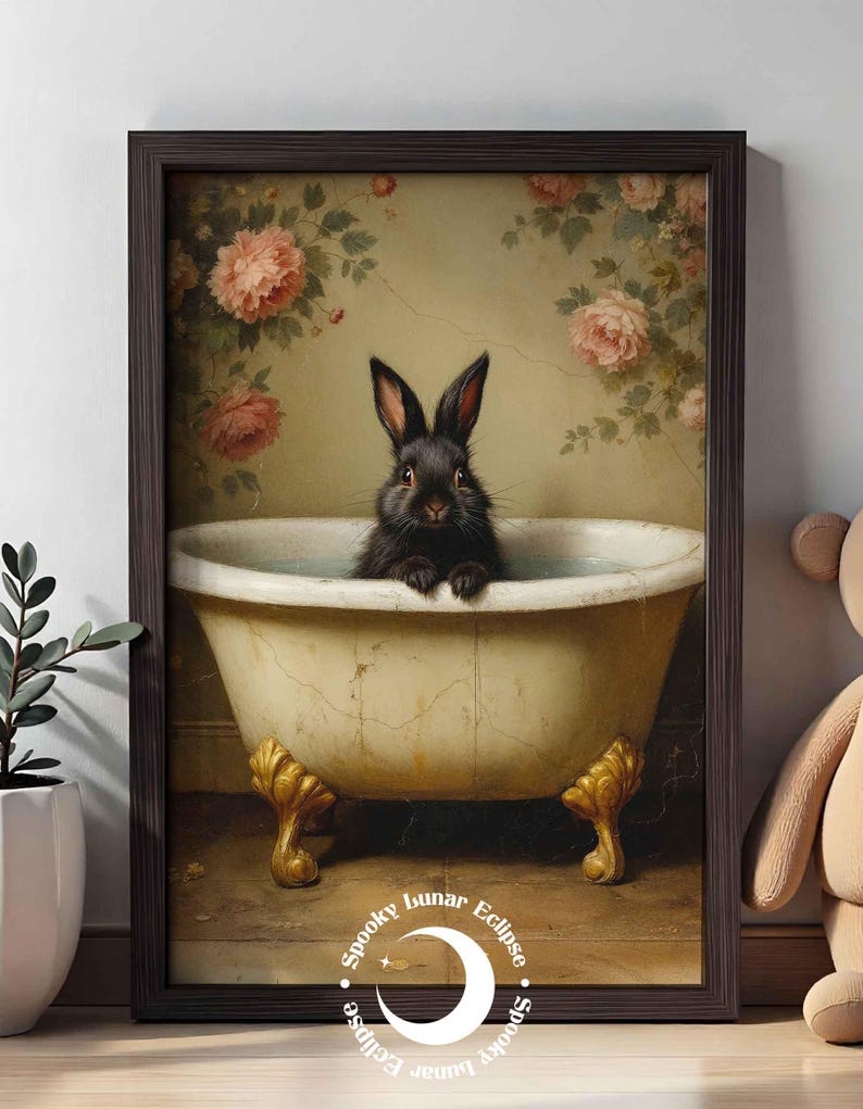 Süßer Hase Art Print für Badezimmer, Tiere in der Badewanne, Wanddeko, Kindertoilette, Cottagecore, Kaninchen Poster, Forestcore Tierbild, Bild 7