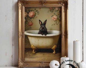 Cute Bunny Art Print for Bathroom, Animals in Bathtub Wall Decor, Kids Toilet, Cottagecore, Black Rabbit Poster, Forestcore Animal Painting