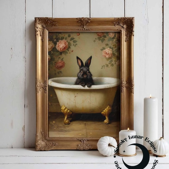 Cute Bunny Art Print for Bathroom, Animals in Bathtub Wall Decor, Kids Toilet, Cottagecore, Black Rabbit Poster, Forestcore Animal Painting