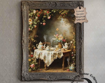 Mad Tea Party Stampa artistica Alice nel paese delle meraviglie Dipingi surreale Bosco Fiaba Poster Floreale Cottagecore Arte murale Retro Fantasy Decorazione letteraria