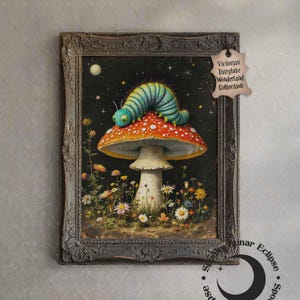 Rups op rode paddestoel print kunst Alice in Wonderland sprookjesachtige verf Tea Party muur decor Dark Academia poster fantasie magische dierenkunst