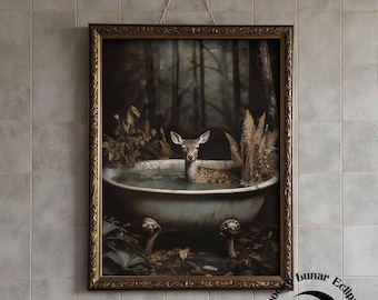 Vintage Rehkitz Print für Badezimmer, Dark Academia Badezimmer, viktorianisches Toilettendekor, Cottagecore Badewanne, Forestcore, Tiere in der Badewanne