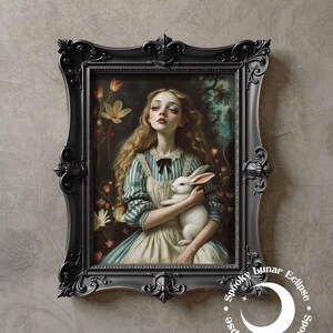 Stampa artistica antica di Alice nel paese delle meraviglie con coniglio bianco, stampa fantasy da favola, decorazione da parete per Mad Tea Party, poster di Dark Academia, stampa letteraria