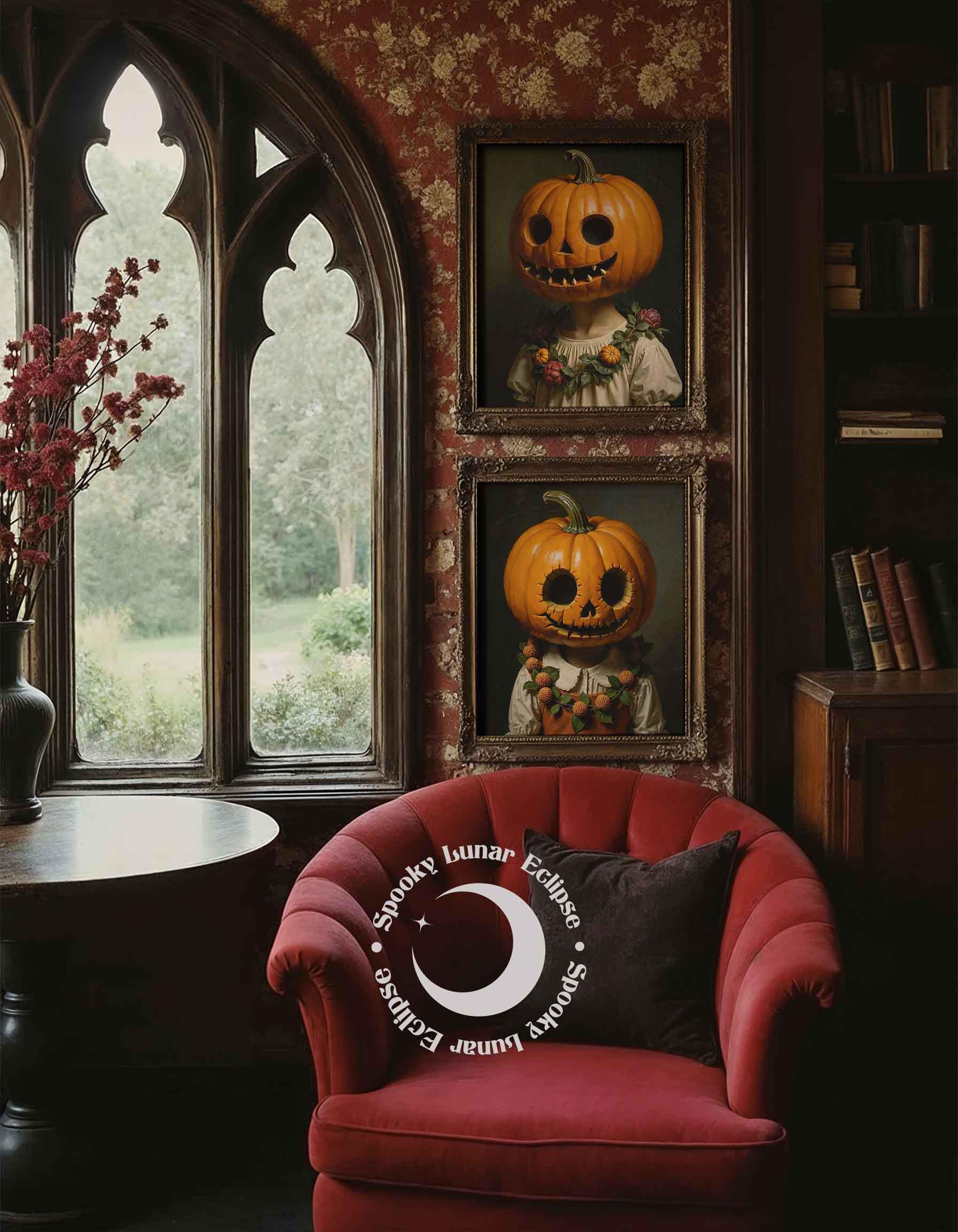 Stampa Su Tela Con Cornice – Zucca Horror Di Halloween – Quadro Gotico Retrò 29,2x38,1 Cm Per Soggiorno