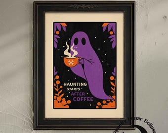 Paarse geest met koffiekopje Art Print grappig citaat muurkunst Goth Witchy illustratie donkere humor kunst griezelige retro poster decor spookhuis