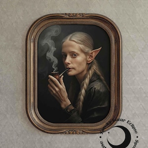 Mroczna Fantastyka Elf Palący Fajkę Sztuka Drukowana Magiczny Elf Sztuka Ścienna Obraz Dark Academia Plakat Cottagecore Vintage Moody Portret Sztuka Gotycka
