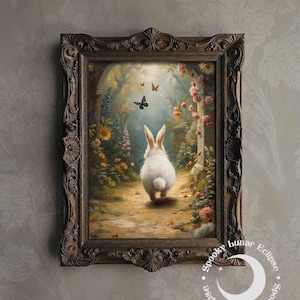 Follow the White Rabbit Print Art Alice in Wonderland Paint Vintage Mad Tea Party Wall Decor Dark Academia Poster Fantasy Fairytale Artwork