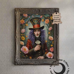 Impresión artística surrealista del Sombrerero Loco, pintura del País de las Maravillas, póster de la Fiesta del Té Loco, pintura de cuento de hadas de fantasía, decoración de pared floral, impresión literaria de la Academia Oscura