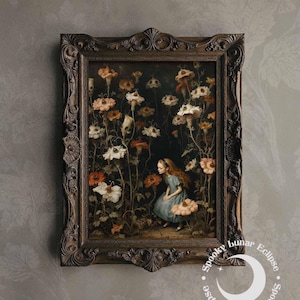 Alice in Wonderland among Evil Flowers Print Art Botanic Dark Academia Poster Gothic Fairytale Paint Tea Party Wall Decor Dark Fantasy Print
